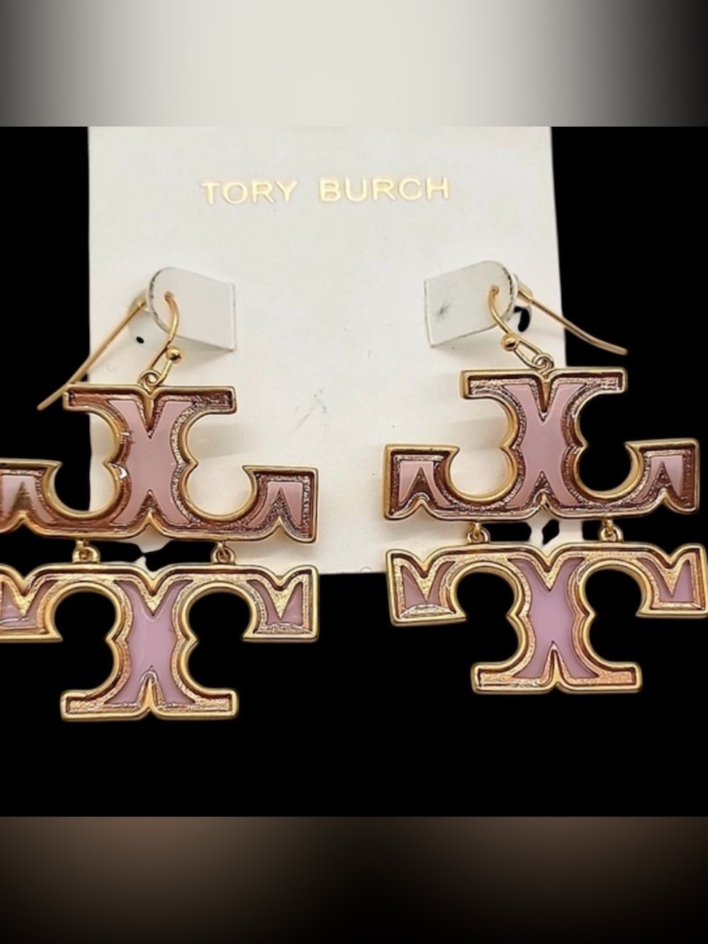 NEW Tory Burch Womens Britten Logo Pink Drop Earrings (Gold) on TB Earring Card